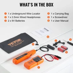 VEVOR Underground Cable Locator, 3 FT Max. Detection Depth, Wire Tracer Break Detector Finder with Earphone, 1000 FT Max.Detection Length Cable Tester for Pet Fence Buried Sprinkler Valve Irrigation