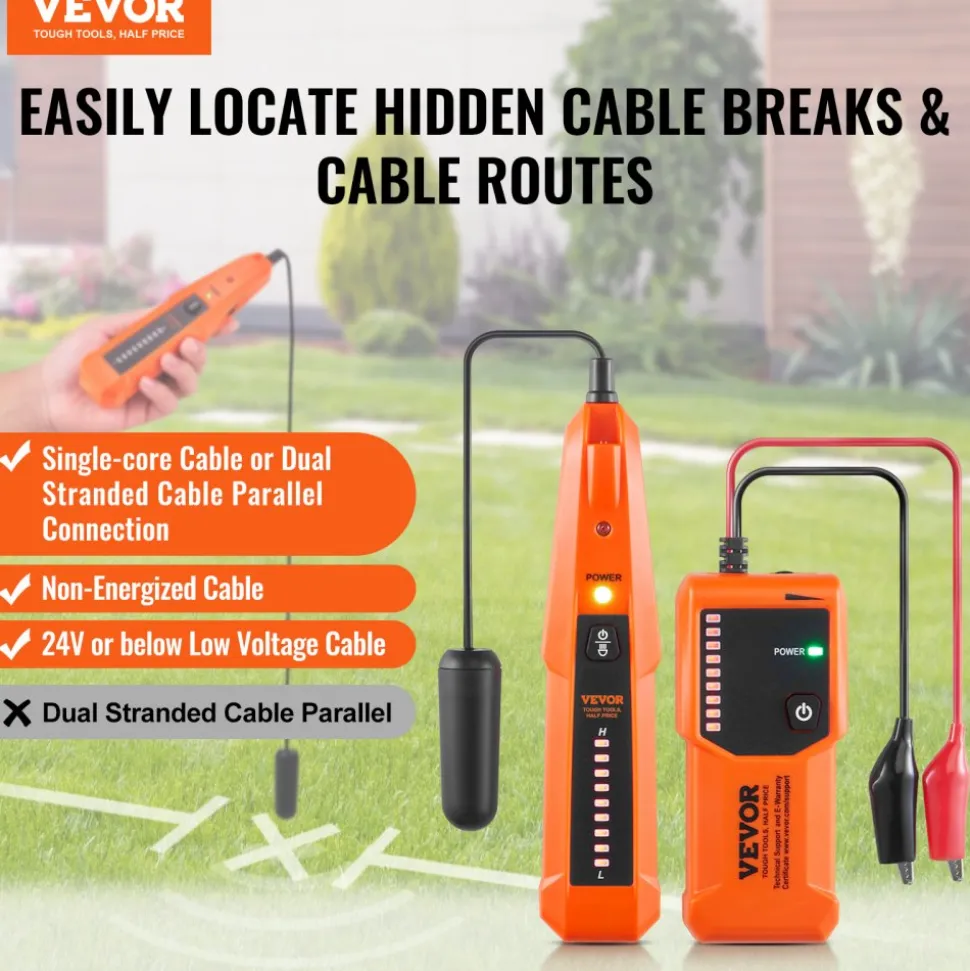 VEVOR Underground Cable Locator, 3 FT Max. Detection Depth, Wire Tracer Break Detector Finder with Earphone, 1000 FT Max.Detection Length Cable Tester for Pet Fence Buried Sprinkler Valve Irrigation
