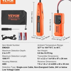 VEVOR Underground Cable Locator, 3 FT Max. Detection Depth, Wire Tracer Break Detector Finder with Earphone, 1000 FT Max.Detection Length Cable Tester for Pet Fence Buried Sprinkler Valve Irrigation