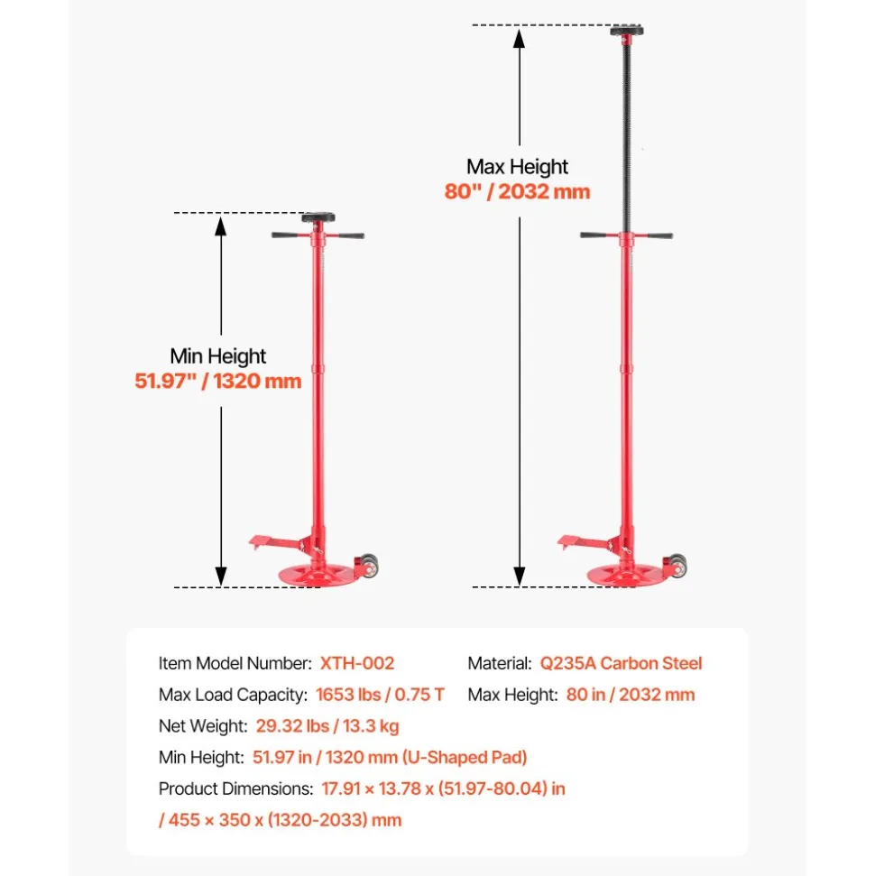 VEVOR Underhoist Support Stand, 1 Ton (2204 lbs) Capacity Under Hoist Jack Stand with Handle, Adjustable Height, Bearing Mounted Spin Handle, Self-Locking Threaded Screw, Support Vehicle Components