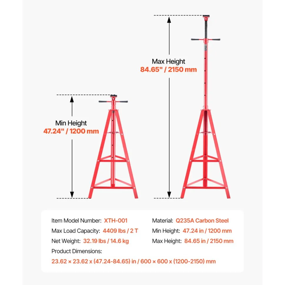 VEVOR Under Hoist Tripod Stand, 2 Ton (4409 lbs) Capacity High Lift Jack Stand Reach Underhoist Support, Lifting from 47.24" to 84.65", 4-Level Adjustable Height, Heavy Duty Carbon Steel for Car Lift