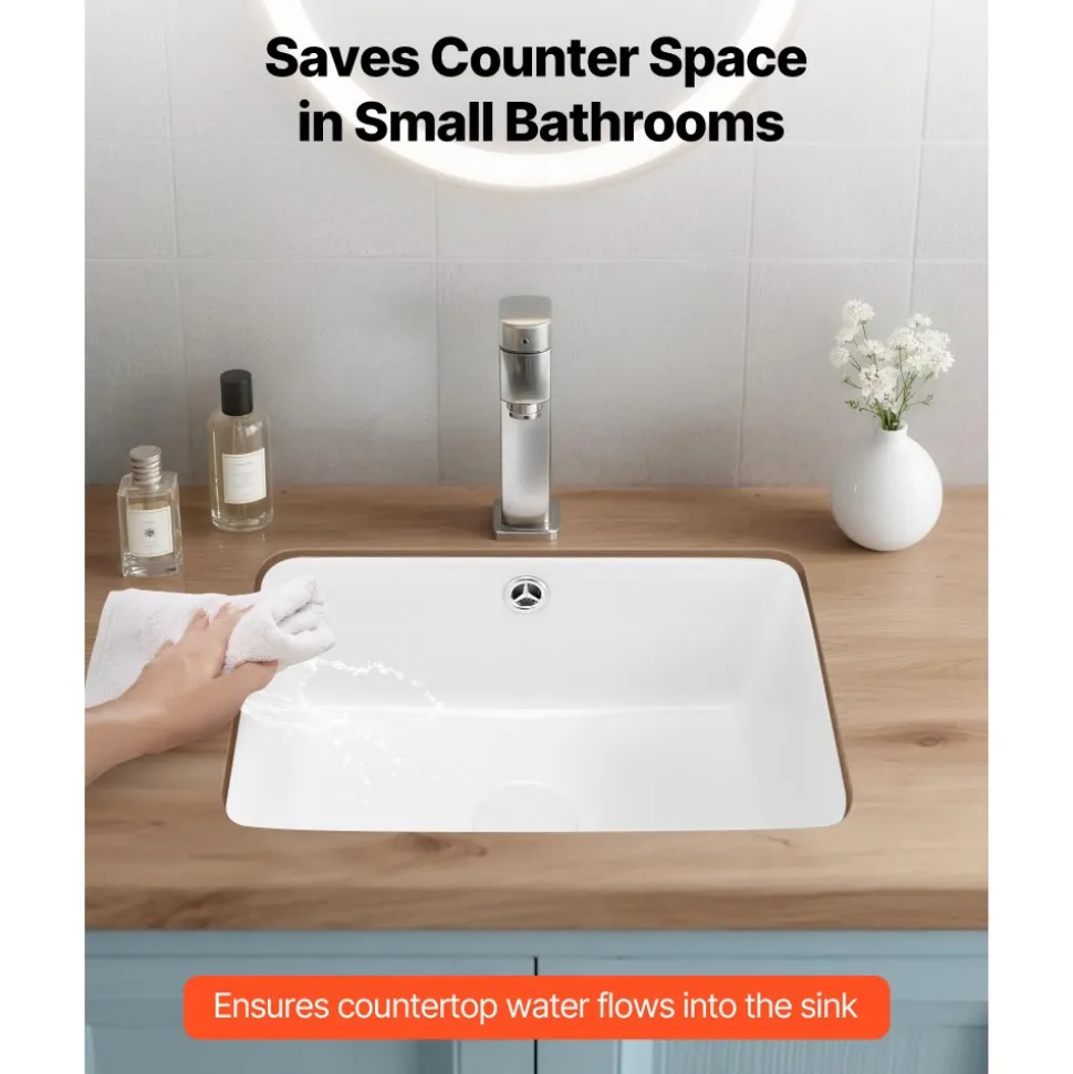 VEVOR Undermount Bathroom Sink, 20.87 x 14.76 Inch Rectangular White Ceramic Vessel Sink with Overflow Hole, Under Counter Drop in Modern Lavatory Vanity Bath Wash Bowl Basin, Rectangle Small Space