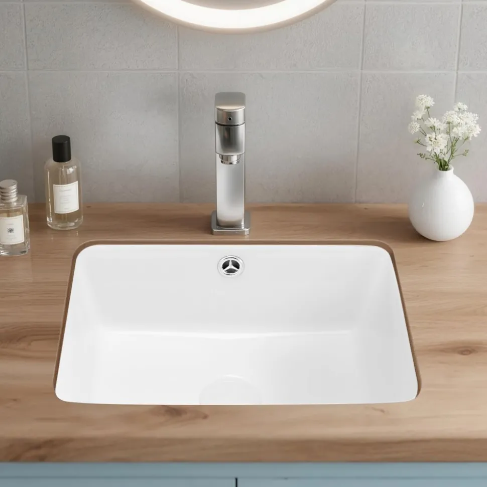 VEVOR Undermount Bathroom Sink, 20.87 x 14.76 Inch Rectangular White Ceramic Vessel Sink with Overflow Hole, Under Counter Drop in Modern Lavatory Vanity Bath Wash Bowl Basin, Rectangle Small Space