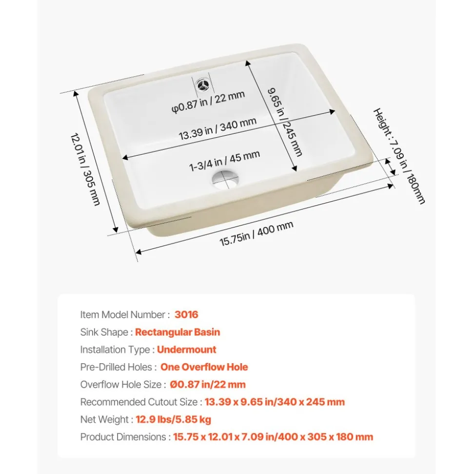 VEVOR Undermount Bathroom Sink, 20.87 x 14.76 Inch Rectangular White Ceramic Vessel Sink with Overflow Hole, Under Counter Drop in Modern Lavatory Vanity Bath Wash Bowl Basin, Rectangle Small Space