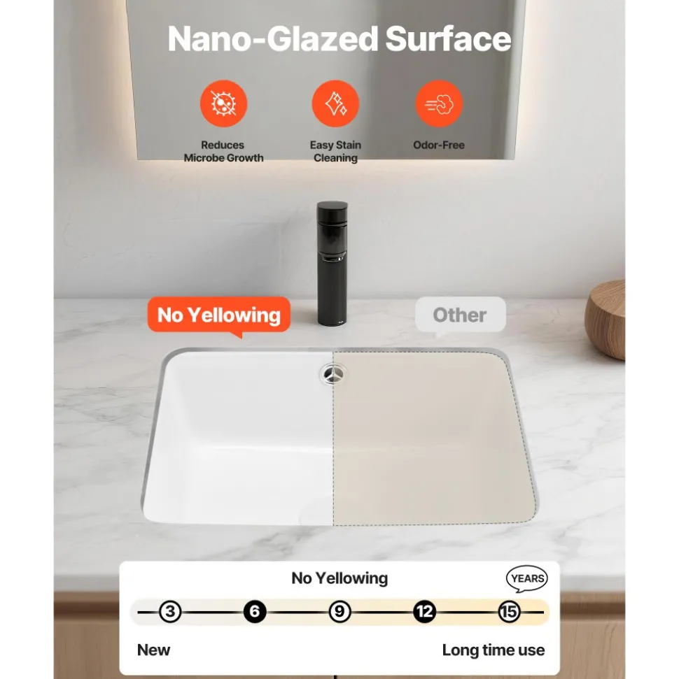 VEVOR Undermount Bathroom Sink, 20.87 x 14.76 Inch Rectangular White Ceramic Vessel Sink with Overflow Hole, Under Counter Drop in Modern Lavatory Vanity Bath Wash Bowl Basin, Rectangle Small Space