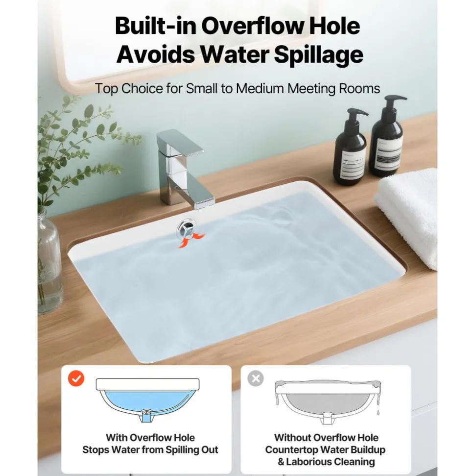 VEVOR Undermount Bathroom Sink, 20.87 x 14.76 Inch Rectangular White Ceramic Vessel Sink with Overflow Hole, Under Counter Drop in Modern Lavatory Vanity Bath Wash Bowl Basin, Rectangle Small Space