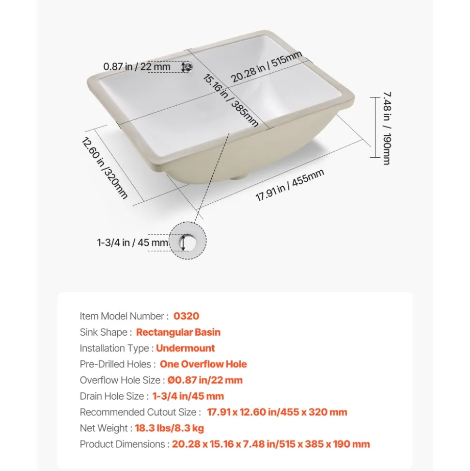 VEVOR Undermount Bathroom Sink, 20.28 x 15.16 Inch Rectangular White Ceramic Vessel Sink with Overflow Hole, Under Counter Drop in Modern Lavatory Vanity Bath Wash Bowl Basin, Rectangle Small Space