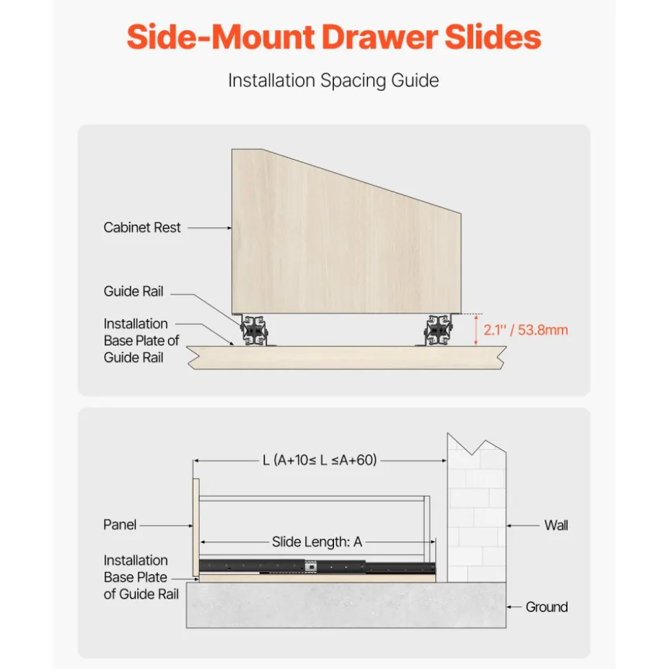 VEVOR Undermount Drawer Slides, 32 inch, Full Extension Ball Bearing Under Stair Cabinet Rails, 260 LB Load Capacity Heavy Duty Bottom Stair Cabinet Glides Track Runners,for DIY Replacement, Black