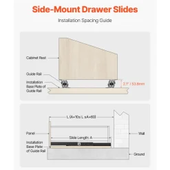 VEVOR Undermount Drawer Slides, 16 inch, Full Extension Ball Bearing Under Stair Cabinet Rails, 260 LB Load Capacity Heavy Duty Bottom Stair Cabinet Glides Track Runners,for DIY Replacement, Black