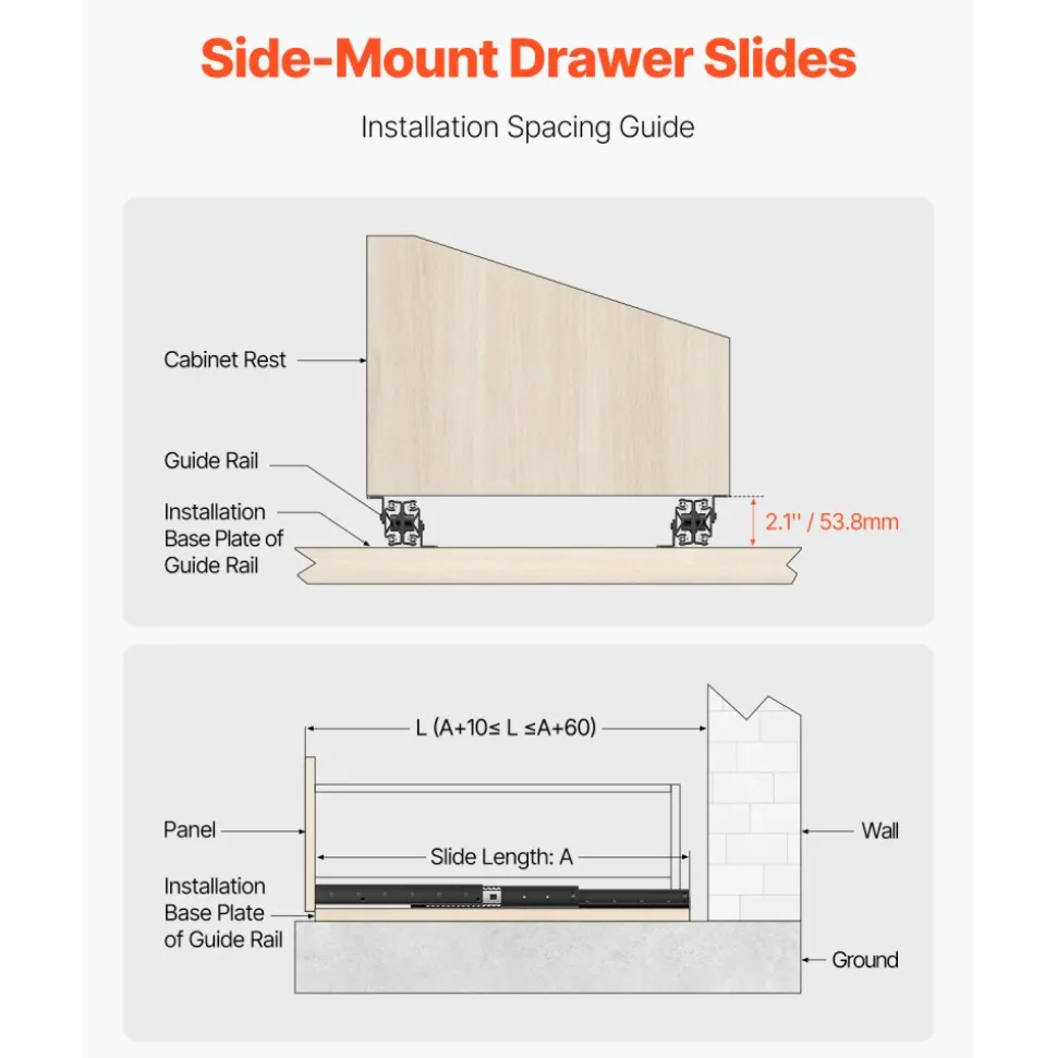 VEVOR Undermount Drawer Slides, 16 inch, Full Extension Ball Bearing Under Stair Cabinet Rails, 260 LB Load Capacity Heavy Duty Bottom Stair Cabinet Glides Track Runners,for DIY Replacement, Black