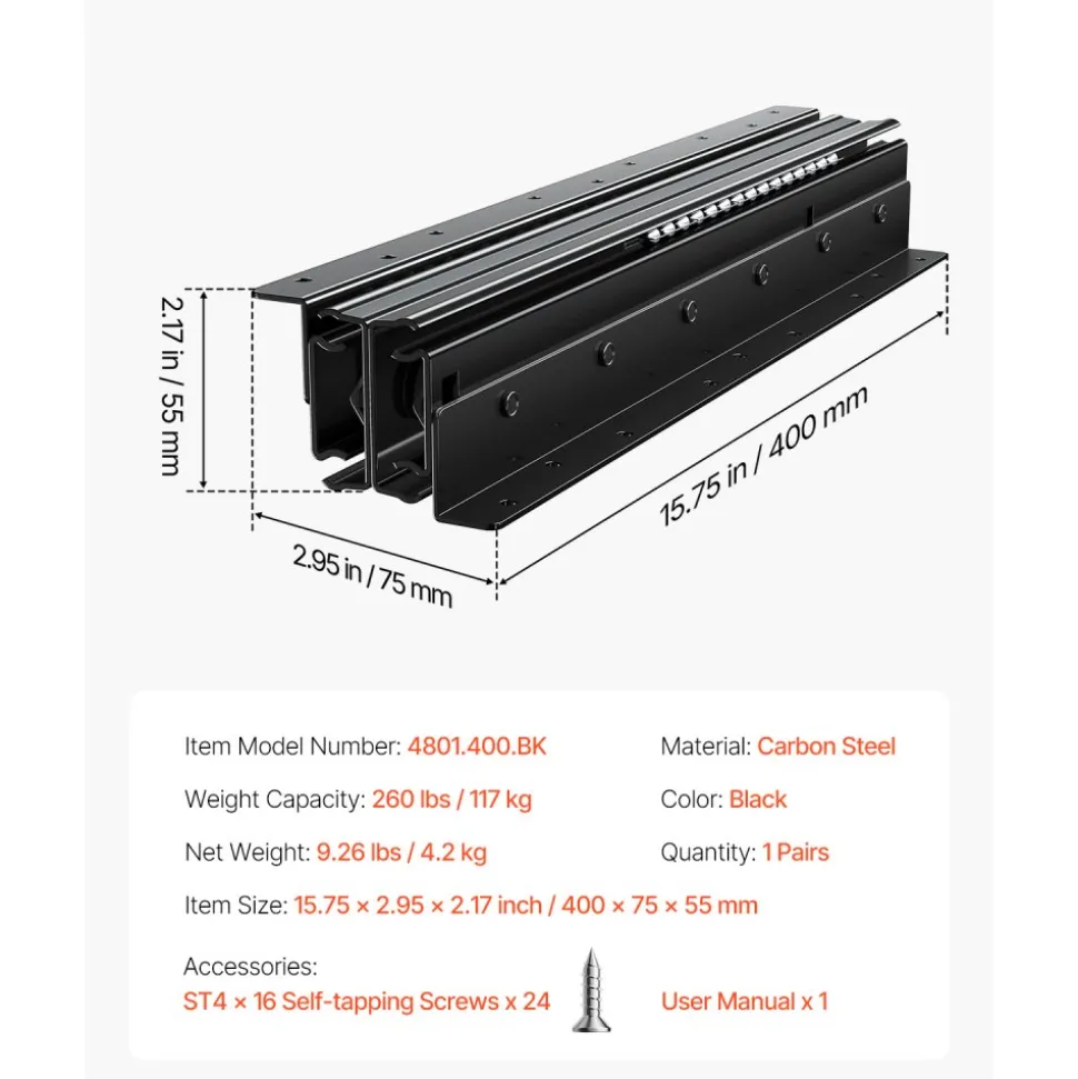 VEVOR Undermount Drawer Slides, 16 inch, Full Extension Ball Bearing Under Stair Cabinet Rails, 260 LB Load Capacity Heavy Duty Bottom Stair Cabinet Glides Track Runners,for DIY Replacement, Black