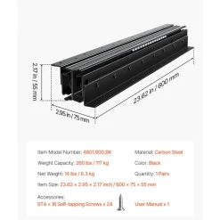VEVOR Undermount Drawer Slides, 24 inch, Full Extension Ball Bearing Under Stair Cabinet Rails, 260 LB Load Capacity Heavy Duty Bottom Stair Cabinet Glides Track Runners,for DIY Replacement, Black
