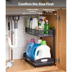 VEVOR Under Sink Organizer, 2 Pack 2-Tier Pull Out Cabinet Organizer with 4-Level Height Adjustment, Metal Slide Out Shelf, Multi-Purpose Cabinet Organizers and Storage for Bathroom & Kitchen, Black