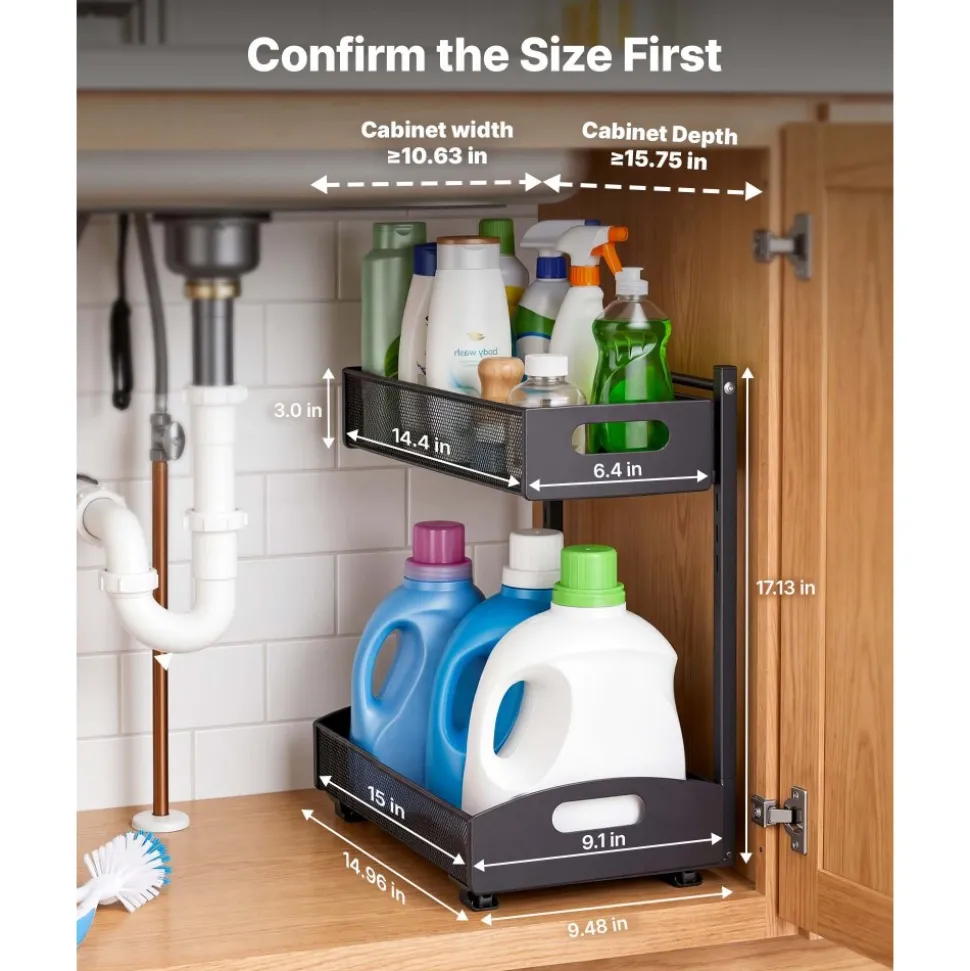 VEVOR Under Sink Organizer, 2 Pack 2-Tier Pull Out Cabinet Organizer with 4-Level Height Adjustment, Metal Slide Out Shelf, Multi-Purpose Cabinet Organizers and Storage for Bathroom & Kitchen, Black