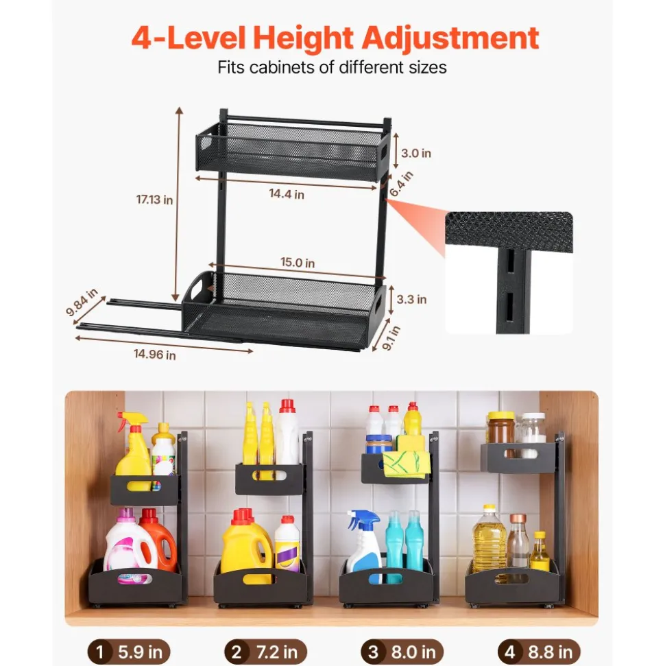 VEVOR Under Sink Organizer, 2 Pack 2-Tier Pull Out Cabinet Organizer with 4-Level Height Adjustment, Metal Slide Out Shelf, Multi-Purpose Cabinet Organizers and Storage for Bathroom & Kitchen, Black
