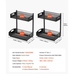 VEVOR Under Sink Organizer, 2 Pack 2-Tier Pull Out Cabinet Organizer with 4-Level Height Adjustment, Metal Slide Out Shelf, Multi-Purpose Cabinet Organizers and Storage for Bathroom & Kitchen, Black