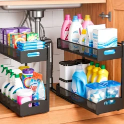 VEVOR Under Sink Organizer, 2 Pack 2-Tier Pull Out Cabinet Organizer with 4-Level Height Adjustment, Metal Slide Out Shelf, Multi-Purpose Cabinet Organizers and Storage for Bathroom & Kitchen, Black