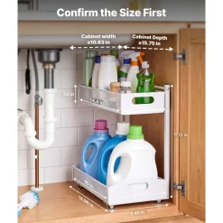 VEVOR Under Sink Organizer, 2 Pack 2-Tier Pull Out Cabinet Organizer with 4-Level Height Adjustment, Metal Slide Out Shelf, Multi-Purpose Cabinet Organizers and Storage for Bathroom & Kitchen, White