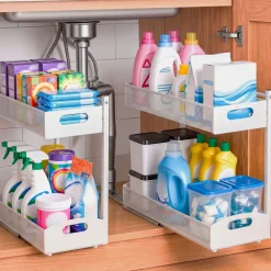 VEVOR Under Sink Organizer, 2 Pack 2-Tier Pull Out Cabinet Organizer with 4-Level Height Adjustment, Metal Slide Out Shelf, Multi-Purpose Cabinet Organizers and Storage for Bathroom & Kitchen, White
