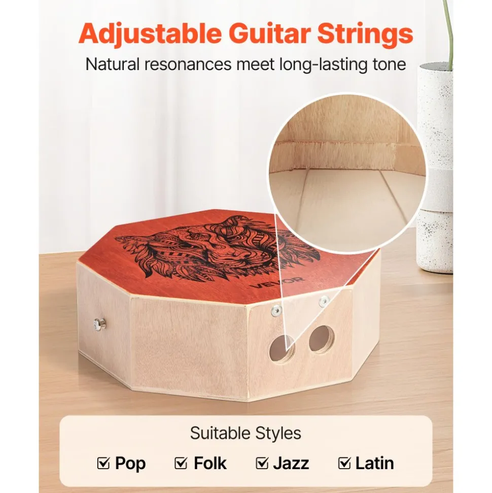 VEVOR Unique Cajon Box Drum, with Internal Guitar Strings, Portable Wooden Percussion Box, Birch Wood Drum Musical Instrument with Adjustable Strap, for Beginners & Professionals, 11.6 x 11.6 x 4 in
