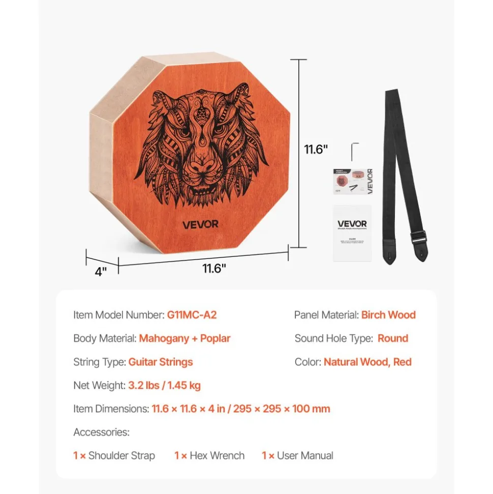 VEVOR Unique Cajon Box Drum, with Internal Guitar Strings, Portable Wooden Percussion Box, Birch Wood Drum Musical Instrument with Adjustable Strap, for Beginners & Professionals, 11.6 x 11.6 x 4 in