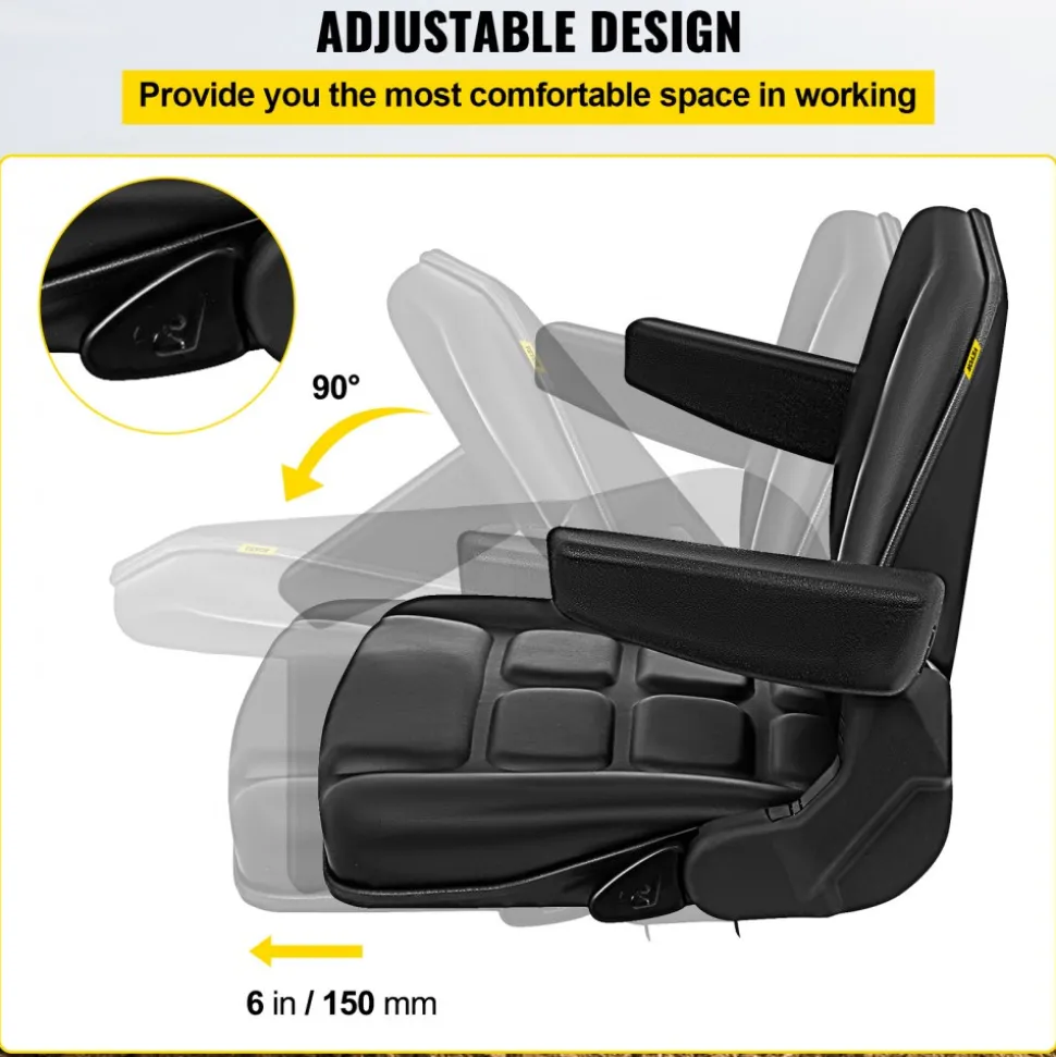 VEVOR Universal Fold Down Forklift Seat with Retractable Safety Belt, Armrest,Adjustable Seat for Excavator, Forklift, Tractor, Skid Loader, Backhoe Dozer Telehandler