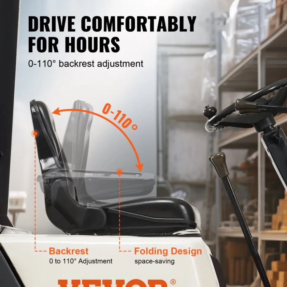 VEVOR Universal Forklift Seat, Fold Down Tractor Seat with Adjustable Angle Back and Micro Switch, 6.3-13.4 inch Extended Slot Comfortable Forklift Seat for Tractor Loader Excavator