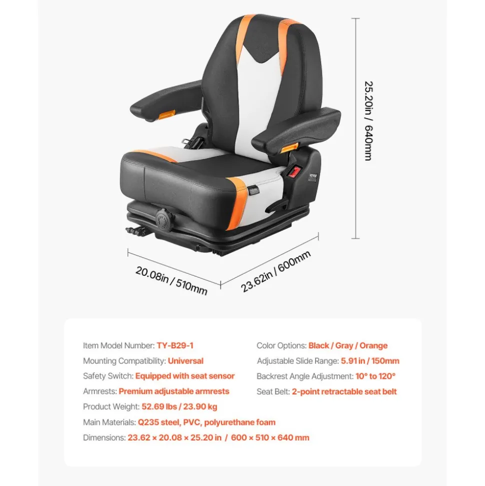 VEVOR Universal Forklift Seat,Tractor Seat with Adjustable Angle Back, Micro Switch and Seatbelt,Wrap-around Forklift Seat for Tractor Loader Excavator