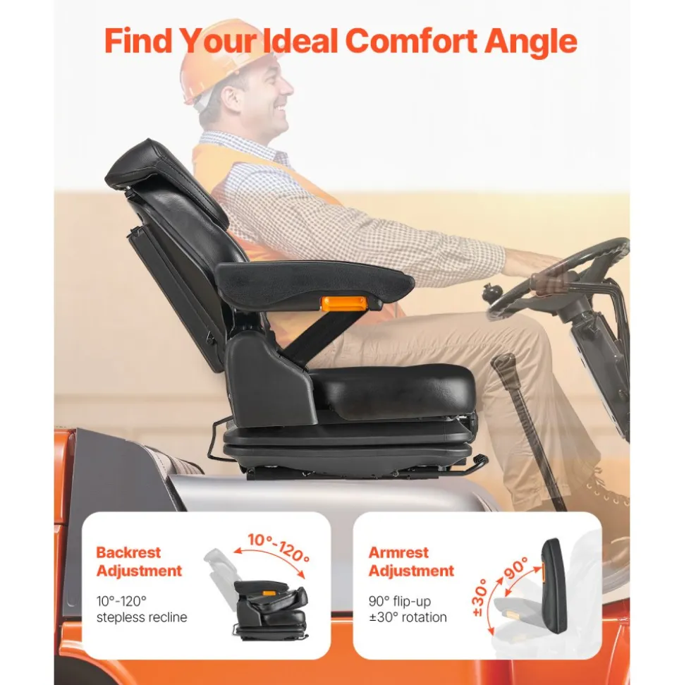 VEVOR Universal Forklift Seat, Tractor Suspension Seat with Adjustable Back, Armrest, Headrest & Safety Belt, Secure Fold Down Tractor Seat with Micro Switch, Lawnmower Seat for Skid Loader Bulldozer