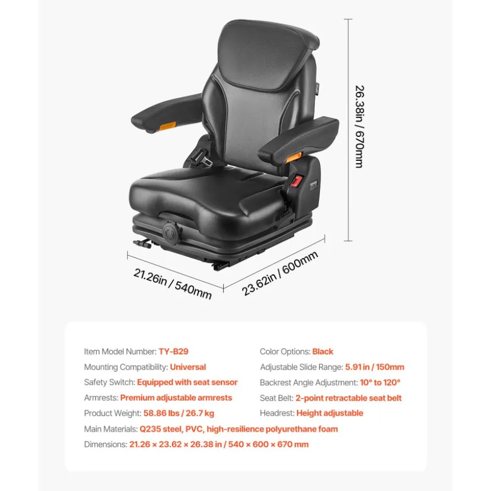 VEVOR Universal Forklift Seat, Tractor Suspension Seat with Adjustable Back, Armrest, Headrest & Safety Belt, Secure Fold Down Tractor Seat with Micro Switch, Lawnmower Seat for Skid Loader Bulldozer