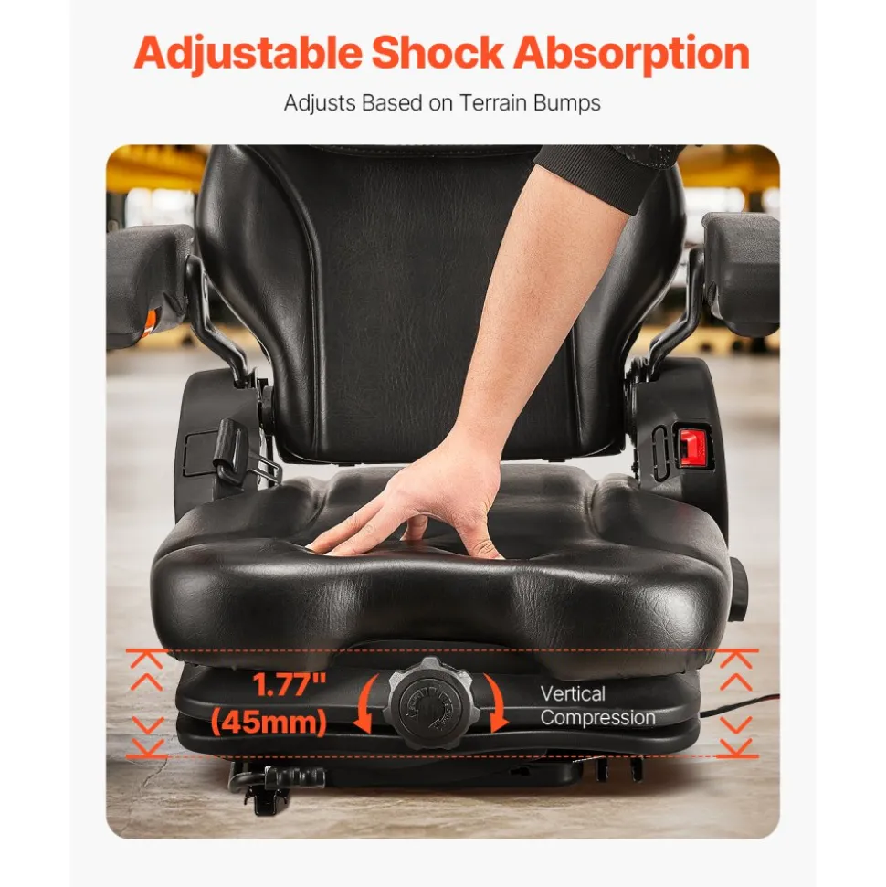 VEVOR Universal Forklift Seat, Tractor Suspension Seat with Adjustable Back, Armrest, Headrest & Safety Belt, Secure Fold Down Tractor Seat with Micro Switch, Lawnmower Seat for Skid Loader Bulldozer