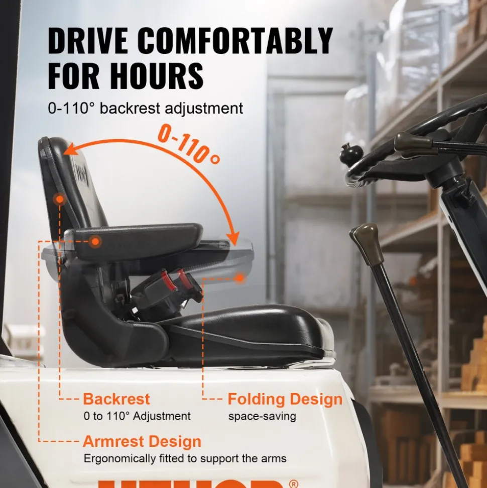 VEVOR Universal Forklift Seat, Fold Down Tractor Seat with Adjustable Angle Back, Micro Switch, Seatbelt and Armrests, 6.3-13.4 inch Slot Tractor Seat for Tractor Loader Excavator