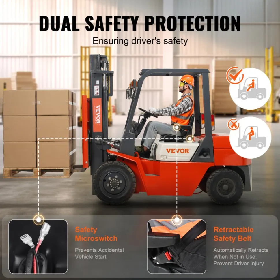 VEVOR Universal Forklift Seat, Fold Down Tractor Seat with Adjustable Angle Back, Micro Switch, Seatbelt and Armrests, 6.3-13.4 inch Slot Tractor Seat for Tractor Loader Excavator