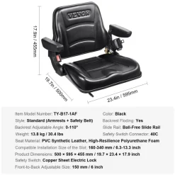 VEVOR Universal Forklift Seat, Fold Down Tractor Seat with Adjustable Angle Back, Micro Switch, Seatbelt and Armrests, 6.3-13.4 inch Slot Tractor Seat for Tractor Loader Excavator