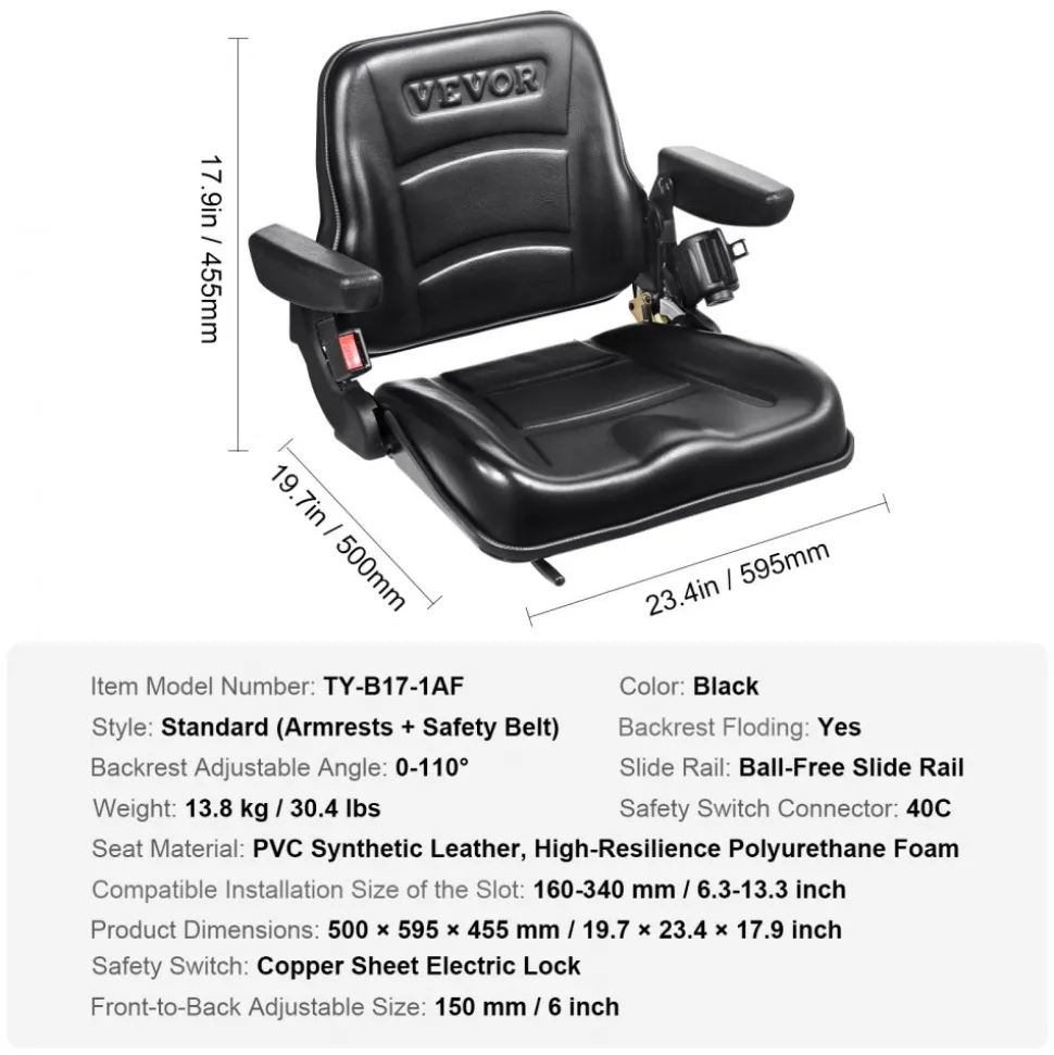 VEVOR Universal Forklift Seat, Fold Down Tractor Seat with Adjustable Angle Back, Micro Switch, Seatbelt and Armrests, 6.3-13.4 inch Slot Tractor Seat for Tractor Loader Excavator