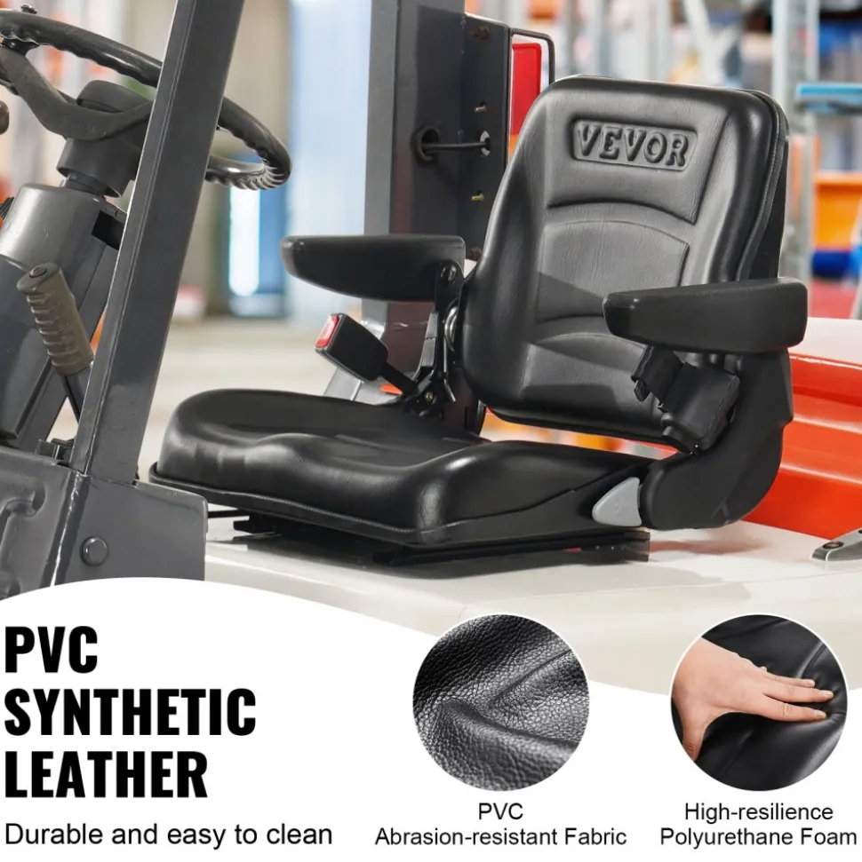 VEVOR Universal Forklift Seat, Fold Down Tractor Seat with Adjustable Angle Back, Micro Switch, Seatbelt and Armrests, 6.3-13.4 inch Slot Tractor Seat for Tractor Loader Excavator