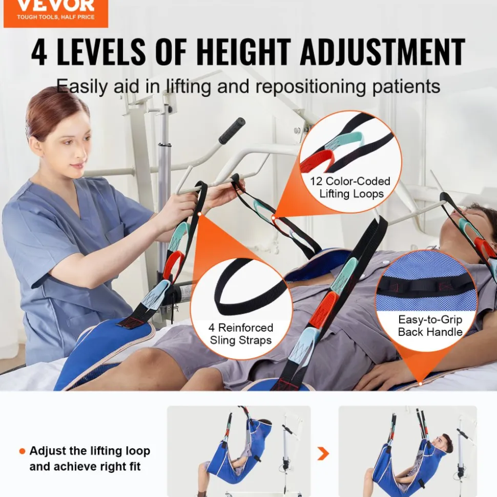 VEVOR Universal Full Body Patient Lift Sling - Medium, Patient Lift Medical Sling for Easy Transfer and Bathing, Polyester Patient Aid Transfer Sling for Elderly, Disabled, Bedridden, 500LBS Capacity