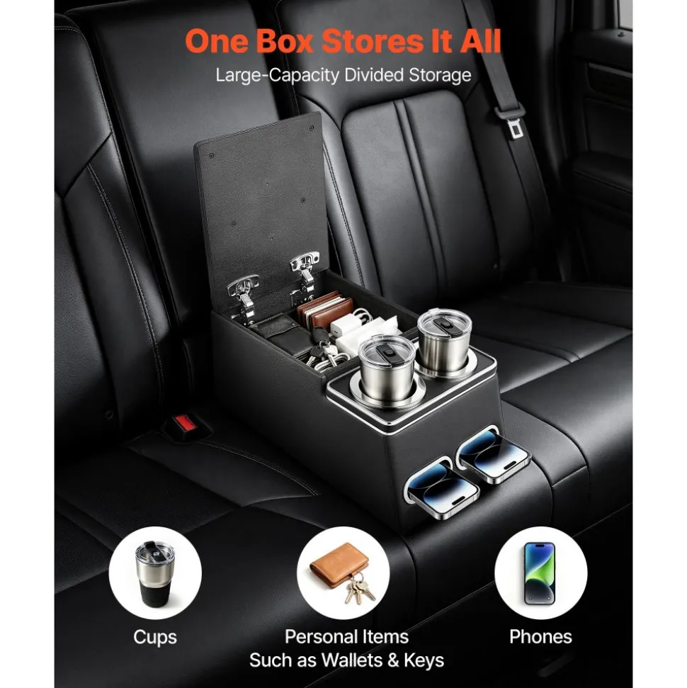 VEVOR Universal Rear Bench Seat Center Console Armrest Storage Box, Back Seat Tools Organizer with Cup & Phone Holders, Automotive Central Console for MPV, Sedan, SUV