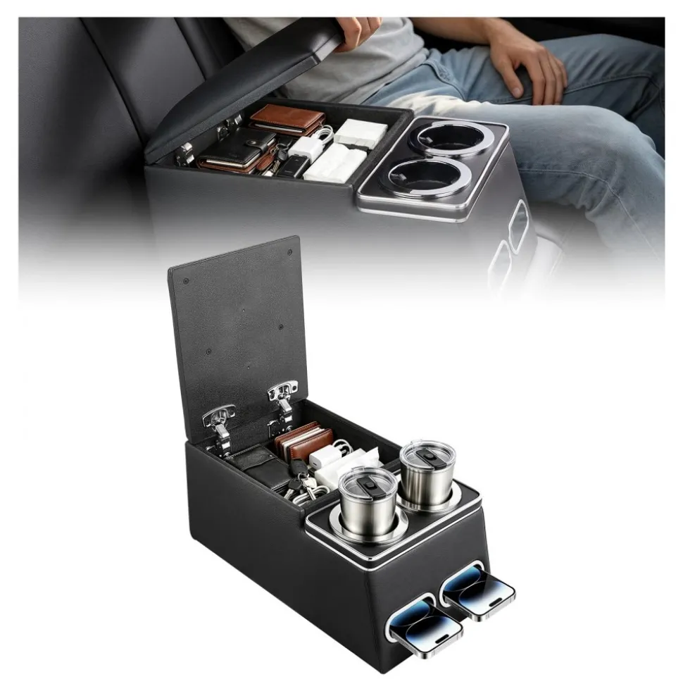 VEVOR Universal Rear Bench Seat Center Console Armrest Storage Box, Back Seat Tools Organizer with Cup & Phone Holders, Automotive Central Console for MPV, Sedan, SUV