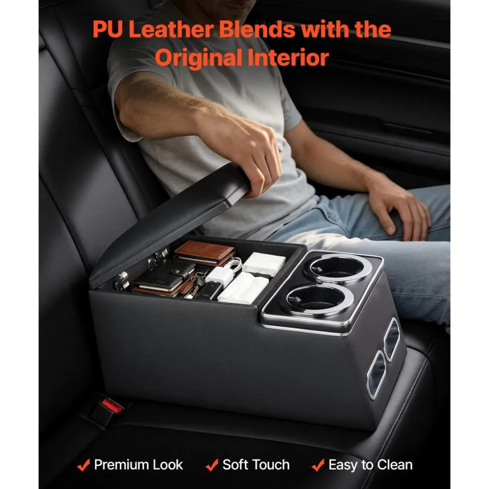 VEVOR Universal Rear Bench Seat Center Console Armrest Storage Box, Back Seat Tools Organizer with Cup & Phone Holders, Automotive Central Console for MPV, Sedan, SUV