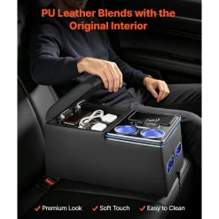 VEVOR Universal Rear Bench Seat Center Console with 7-Color Ambient Lights, Wireless/USB/Cigarette Lighter Charging, Back Seat Central Console Organizer with Cup & Phone Holders for MPV, Sedan, SUV