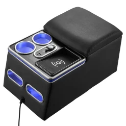 VEVOR Universal Rear Bench Seat Center Console with 7-Color Ambient Lights, Wireless/USB/Cigarette Lighter Charging, Back Seat Central Console Organizer with Cup & Phone Holders for MPV, Sedan, SUV