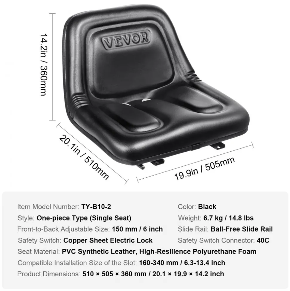 VEVOR Universal Tracor Seat, Lawn Mower Seat with Micro Switch and Drainage Holes, 6.3-13.4 inch Extended Slot Tractor Seat for Tractor Loader Excavator