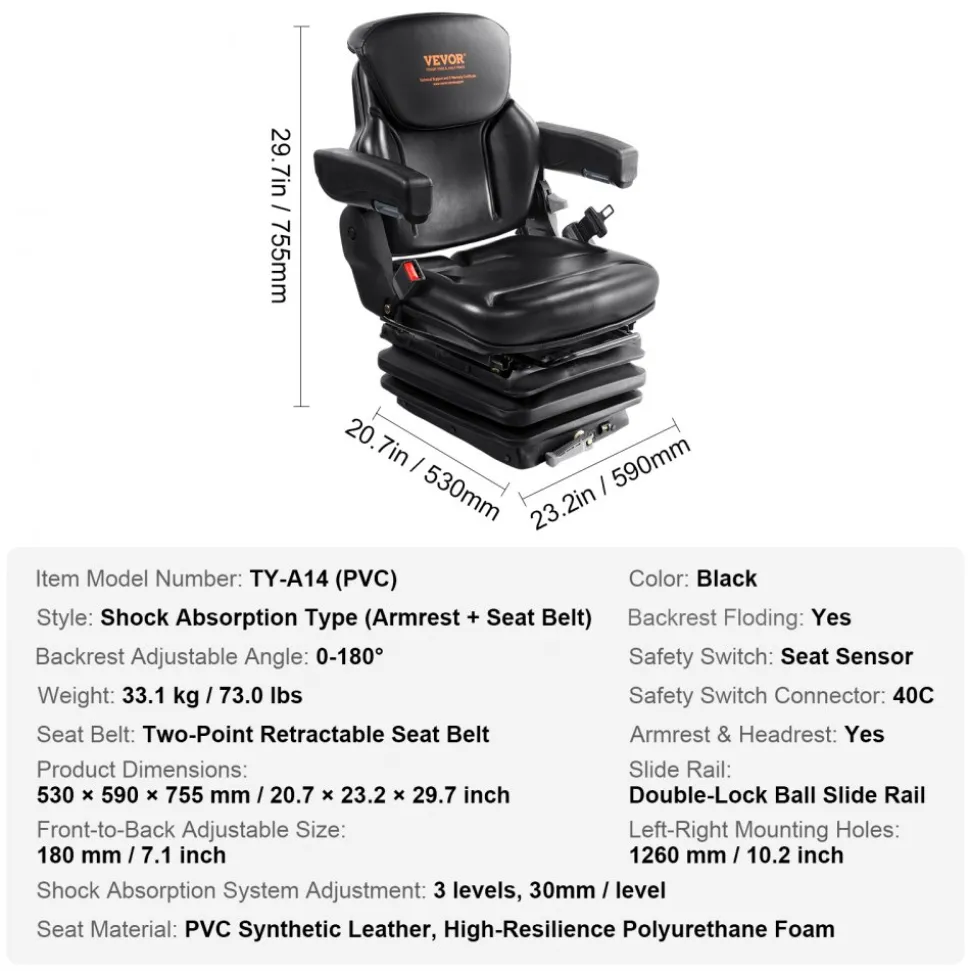VEVOR Universal Tractor seat Suspension, Fold Down Forklift Seat with Adjustable Angle Back, Micro Switch, Seatbelt and Armrests, 3-level Shock Absorption Tractor Seat for Tractor Loader Excavator