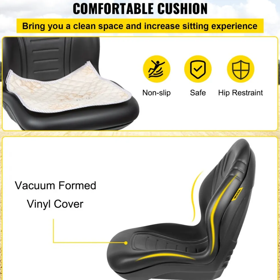 VEVOR Universal Tractor Seat Replacement 2 Pack, Compact High Back Mower Seat Pair, Black Vinyl Forklift Seat, Central Drain Hole Skid Steer Seat with Mounting Bolt Patterns