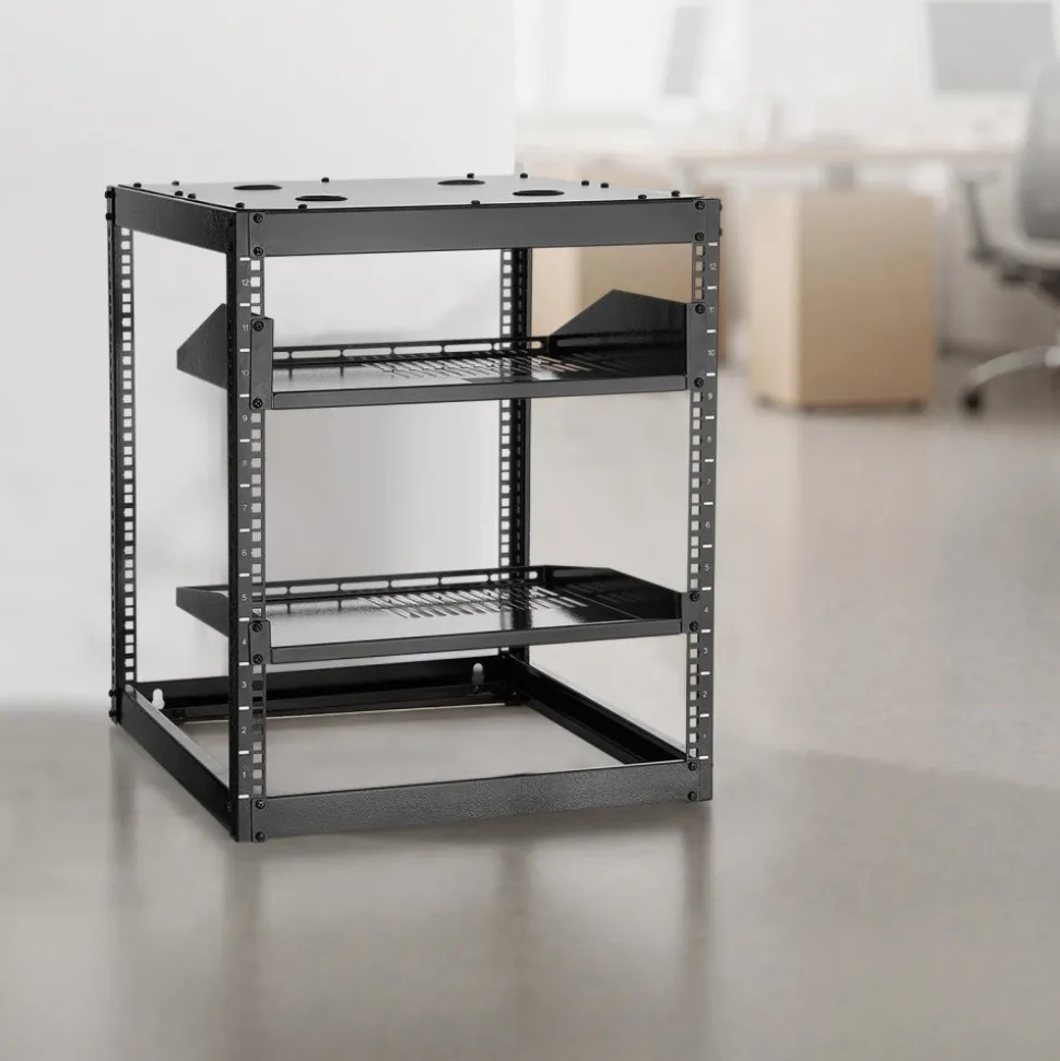VEVOR 10U Open Frame Network Rack, 23 in Depth, Wall Mounted or Floor Standing Server Rack, Heavy Duty 4 Post, with Vented Shelves & Mounting Hardware, Holds All Your Networking IT Equipment AV Gear