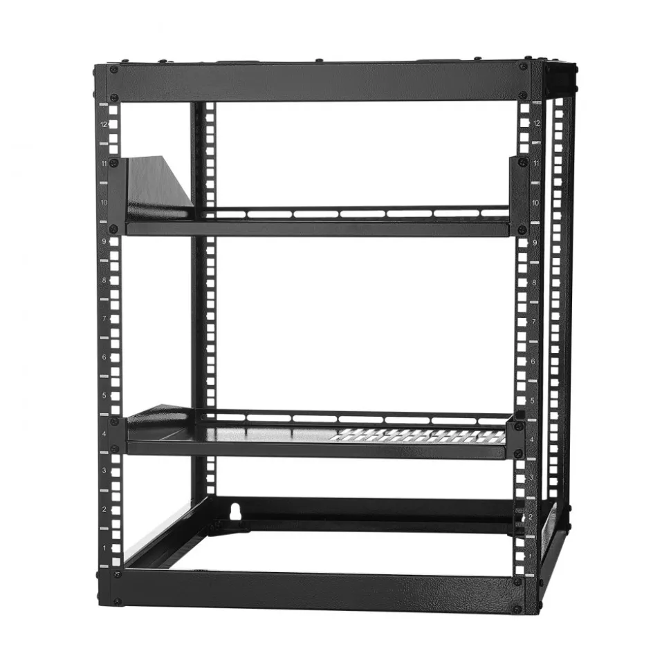 VEVOR 10U Open Frame Network Rack, 23 in Depth, Wall Mounted or Floor Standing Server Rack, Heavy Duty 4 Post, with Vented Shelves & Mounting Hardware, Holds All Your Networking IT Equipment AV Gear