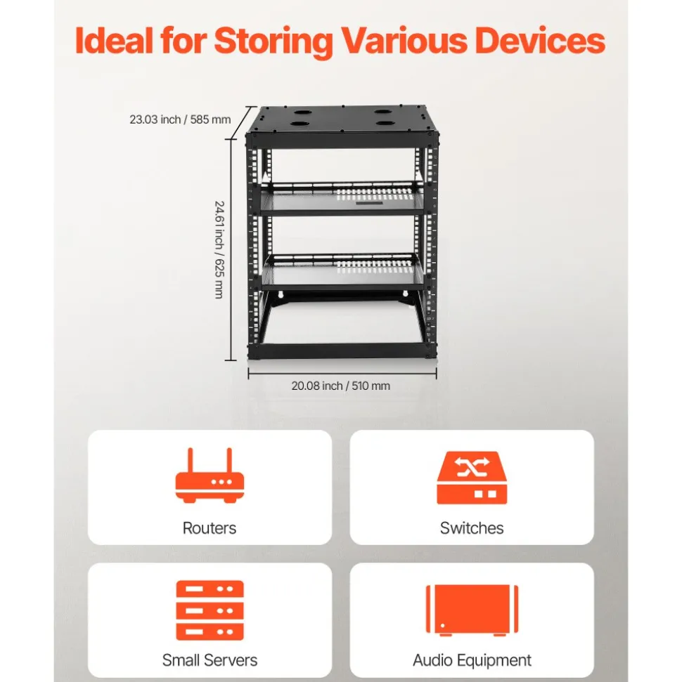 VEVOR 10U Open Frame Network Rack, 23 in Depth, Wall Mounted or Floor Standing Server Rack, Heavy Duty 4 Post, with Vented Shelves & Mounting Hardware, Holds All Your Networking IT Equipment AV Gear