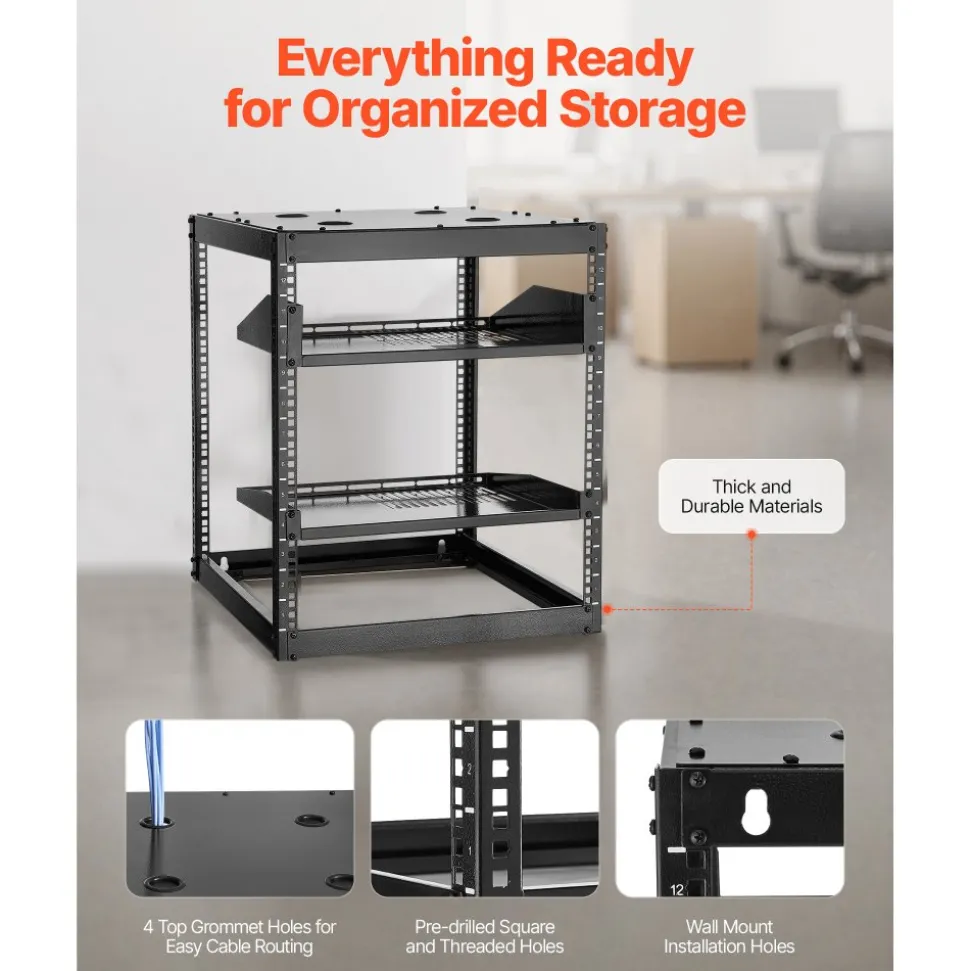 VEVOR 10U Open Frame Network Rack, 23 in Depth, Wall Mounted or Floor Standing Server Rack, Heavy Duty 4 Post, with Vented Shelves & Mounting Hardware, Holds All Your Networking IT Equipment AV Gear
