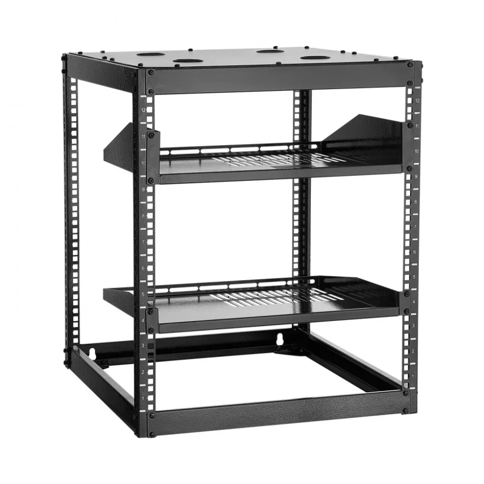 VEVOR 10U Open Frame Network Rack, 23 in Depth, Wall Mounted or Floor Standing Server Rack, Heavy Duty 4 Post, with Vented Shelves & Mounting Hardware, Holds All Your Networking IT Equipment AV Gear